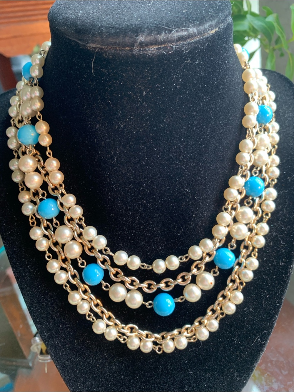 Layered Pearl and Sky Blue Bead Statement Necklace - Silver-Tone